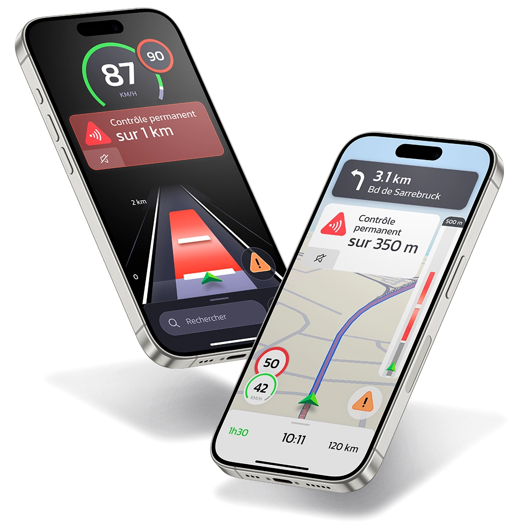 Application Coyote affichée sur un smartphone, avec alertes de conduite et limitation de vitesse en temps réel